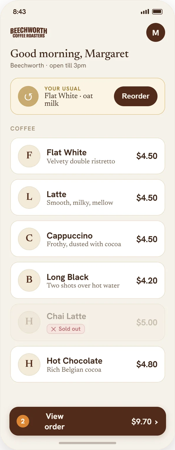 The pre-order app on a phone: a café menu with a one-tap reorder of the customer's usual